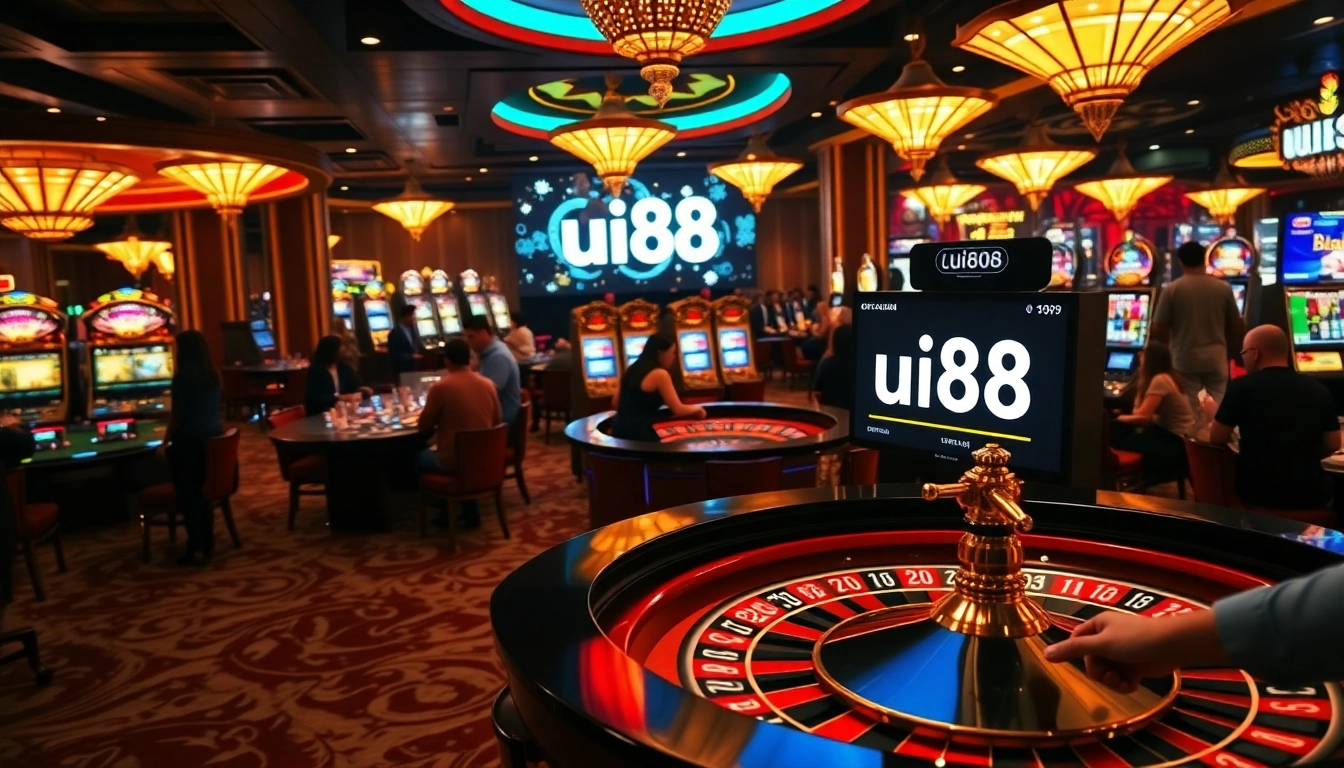 Exciting casino atmosphere with players at the UU88 roulette table, showcasing vibrant games and poker chips.