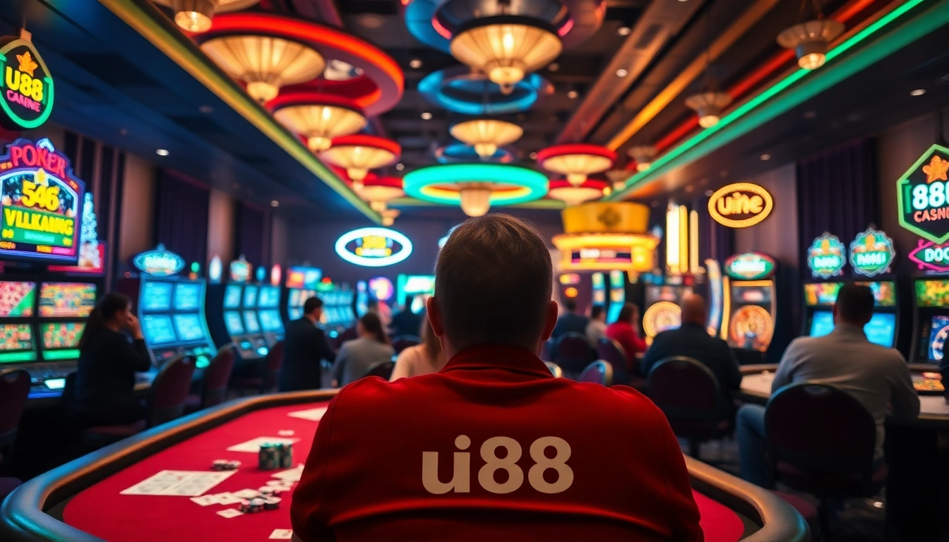 Players enjoy an immersive gaming experience at the uu88 casino, surrounded by vibrant slot machines and poker tables.