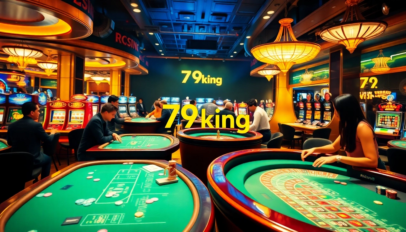 Players celebrating their wins at 79king casino with vibrant tables and slot machines.